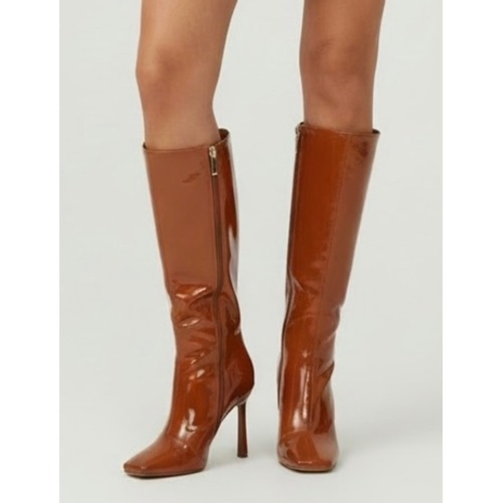 NEW Cape Robbin Tan Patent Square Toe Stiletto Mid-Calf Boots Size 7.5 Shoes